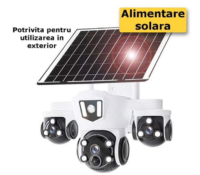 Camera de Supraveghere WiFi cu 3 Obiective, 15MP, Zoom 10X, Rotatie 360°, Night Vision Color, IP66
