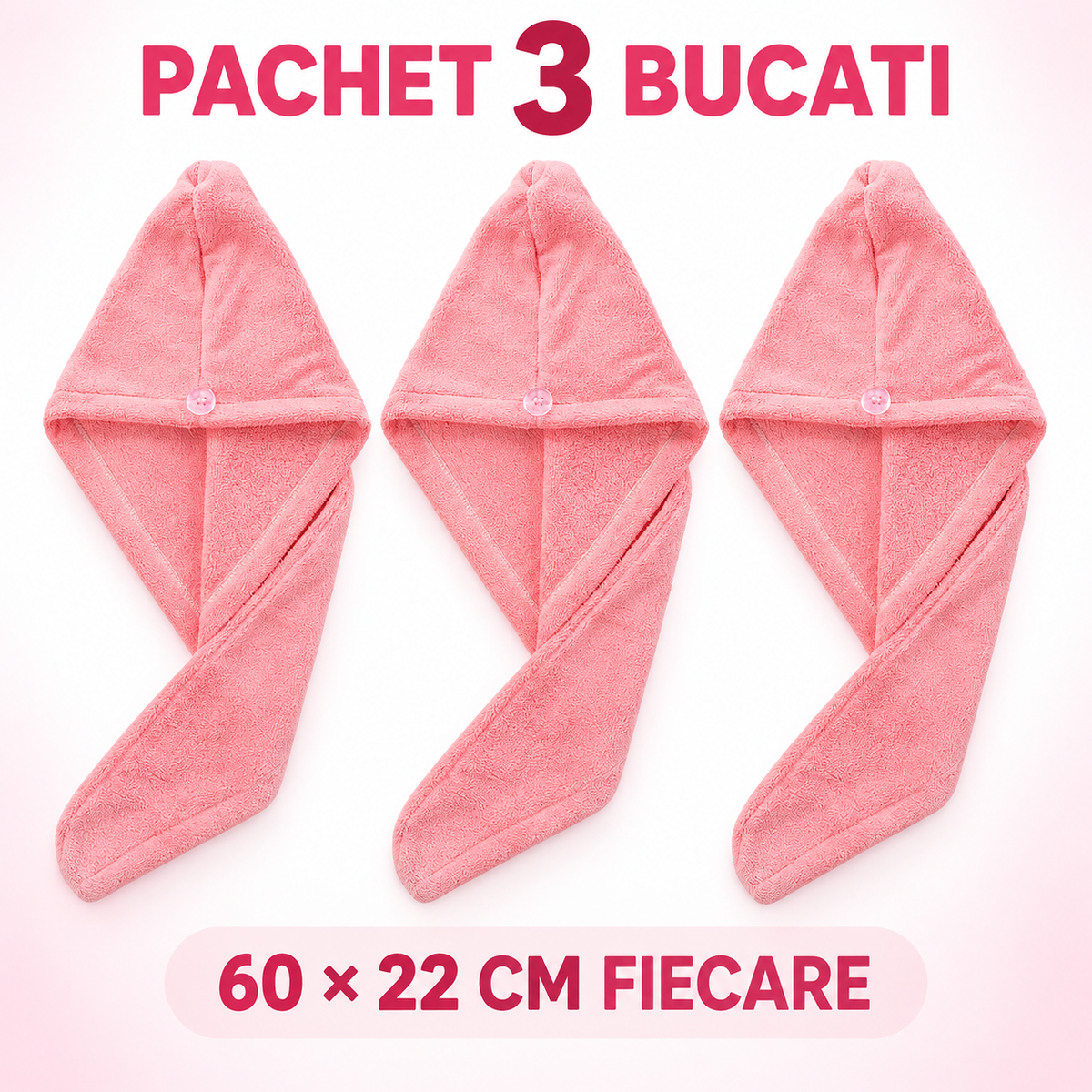 Pachet 3 Prosoape Turban pentru Păr din Microfibră, Absorbție Rapidă, 60 × 22 cm, Roz