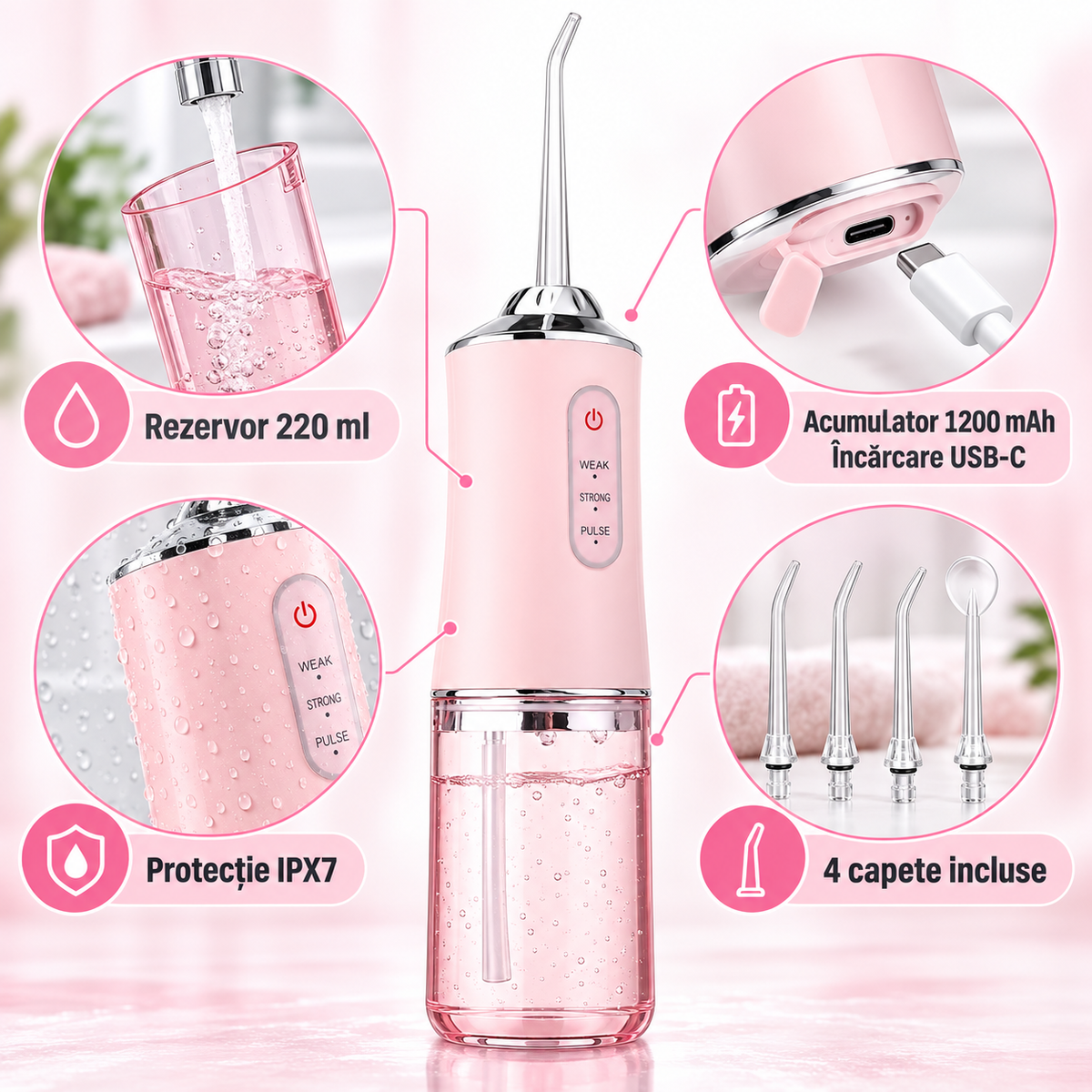 Irigator Bucal Portabil cu 3 Moduri și 4 Capete – Rezervor 220 ml, IPX7, USB-C, Alb/Roz