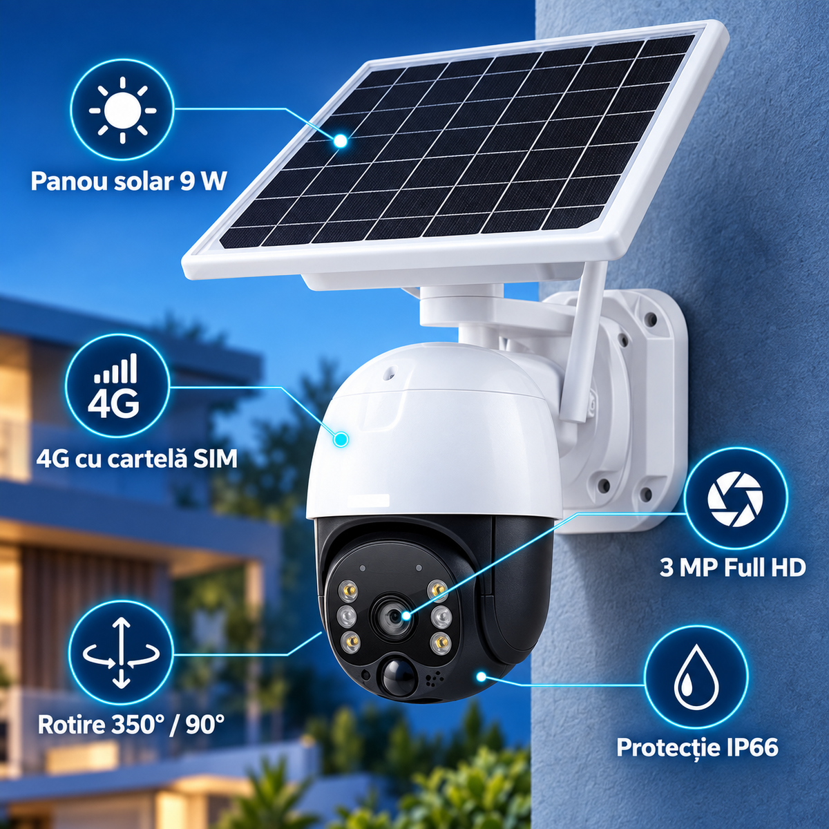 Cameră de supraveghere solară 4G cu SIM, 3 MP Full HD, zoom 10×, vedere nocturnă și protecție IP66, Card de memorie 32G inclus
