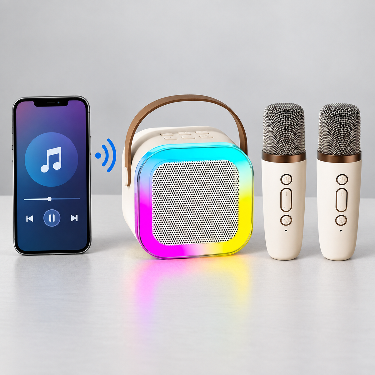 Boxă Portabilă Karaoke cu 2 Microfoane Wireless, Bluetooth și Lumini LED Multicolore