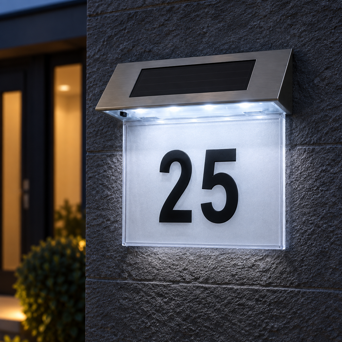 Număr de Casă Solar cu Iluminare LED, din Inox și Acril, 18 × 5,5 × 19 cm, Argintiu