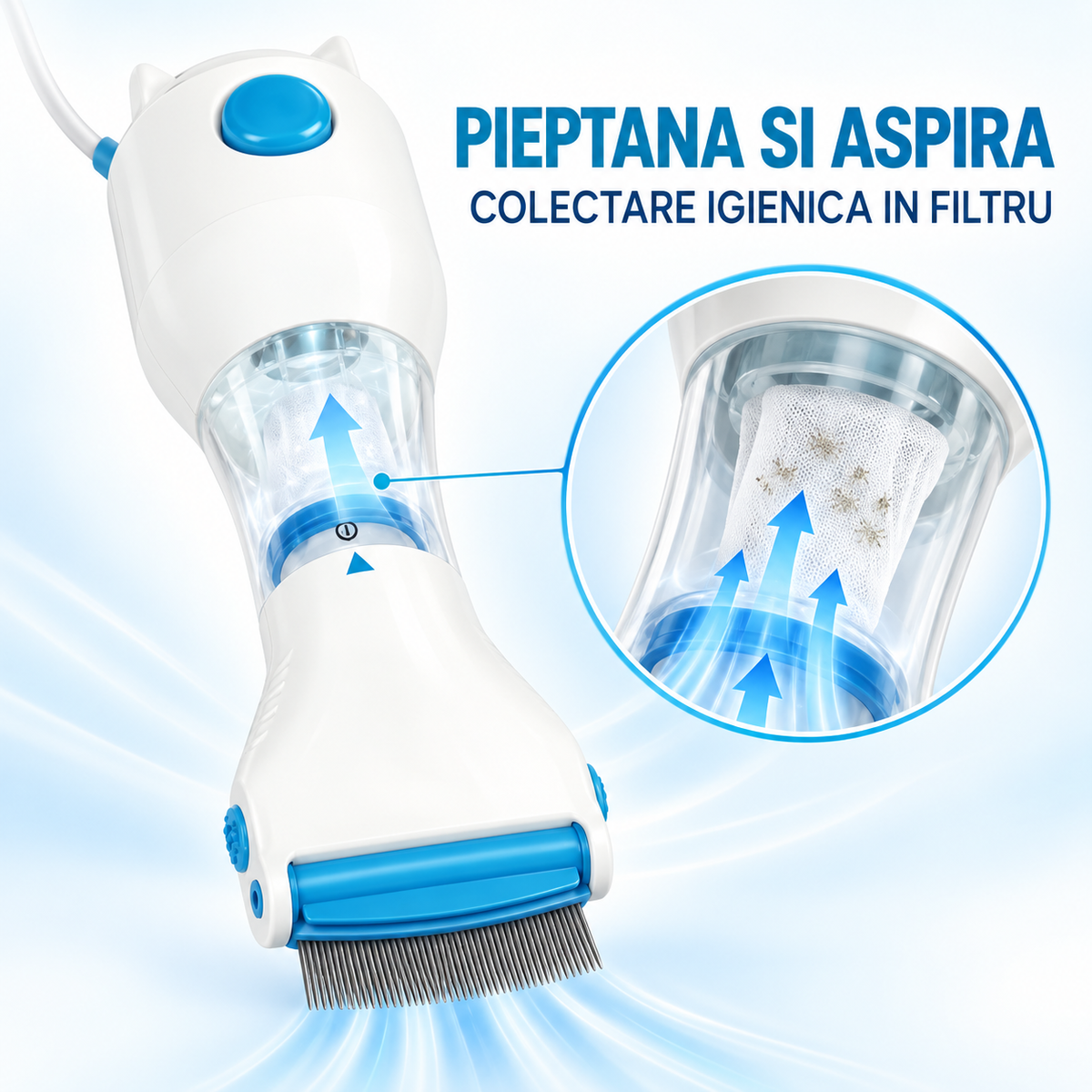 Pieptene Electric cu Aspirare Anti-Păduchi și Lindini V-Comb, LED, Dinți din Inox, Tratament Fără Substanțe Chimice