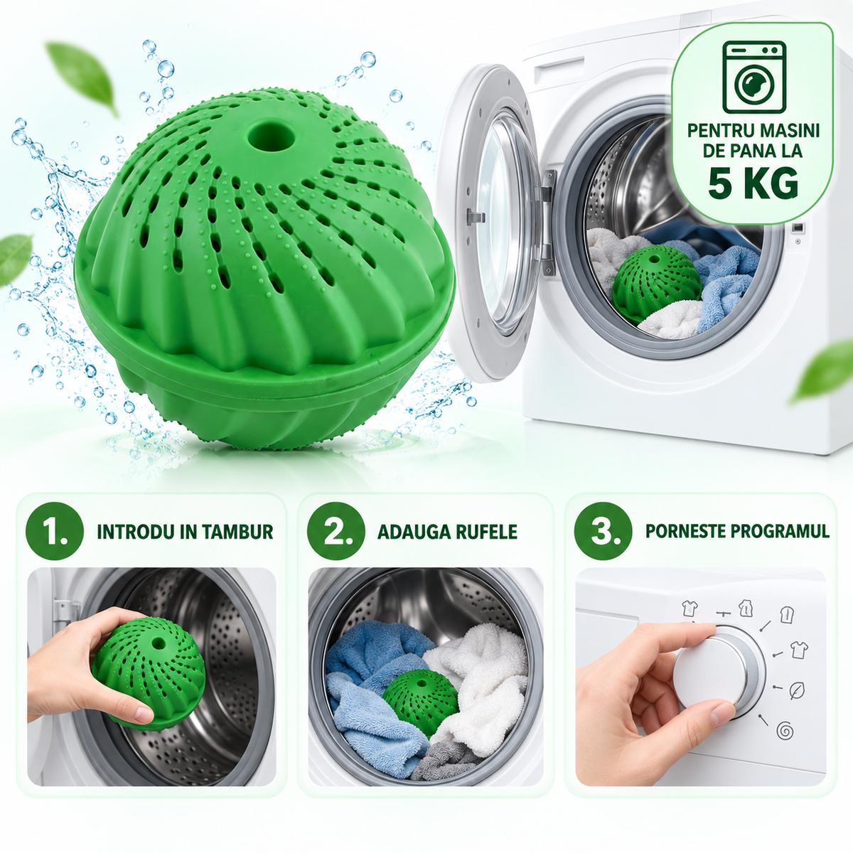 Minge Reutilizabilă pentru Spălarea Rufelor, Compatibilă cu Mașini de până la 5 kg, Verde