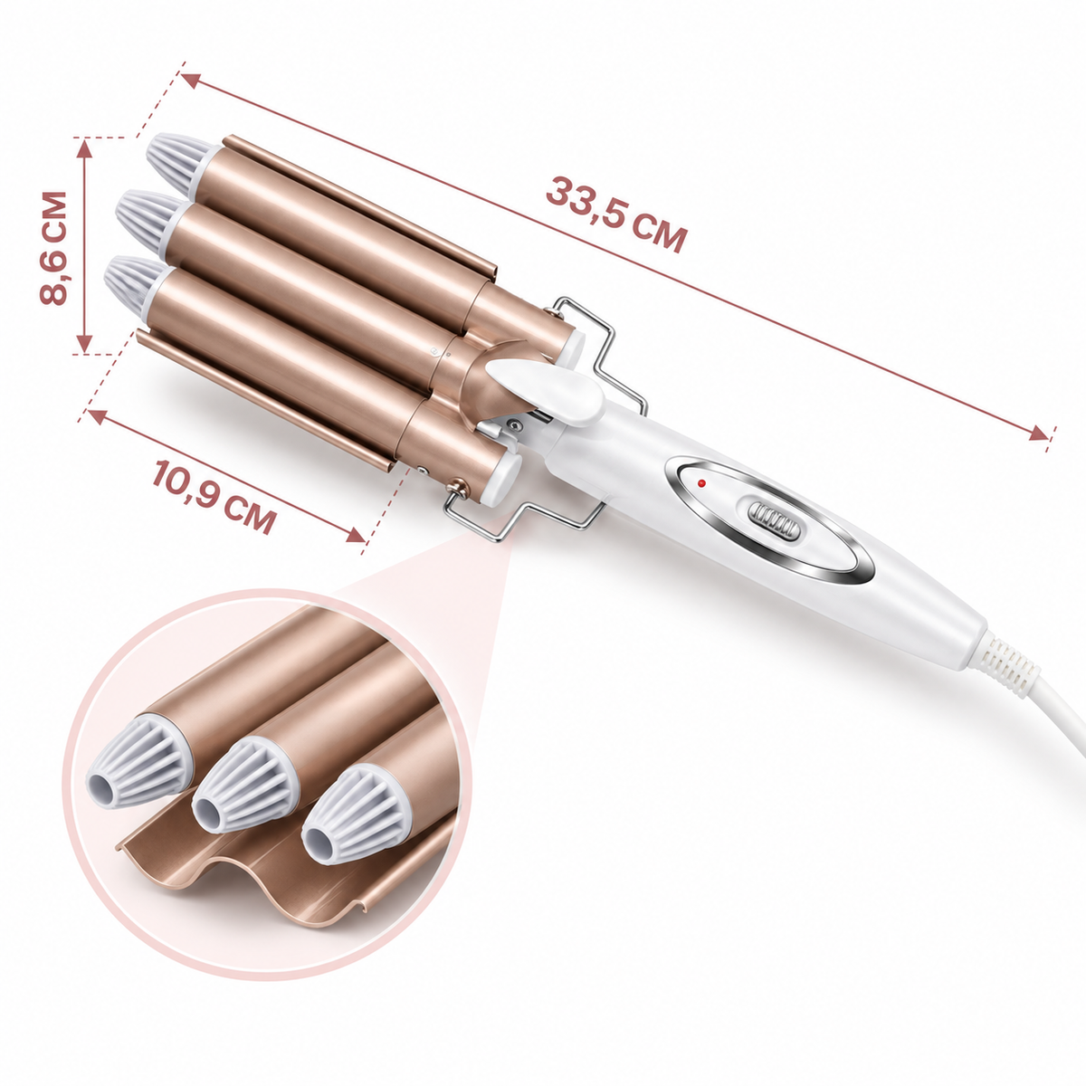 Ondulator profesional cu 3 tuburi ceramice, temperatură reglabilă 170–220 °C, pentru bucle retro și valuri