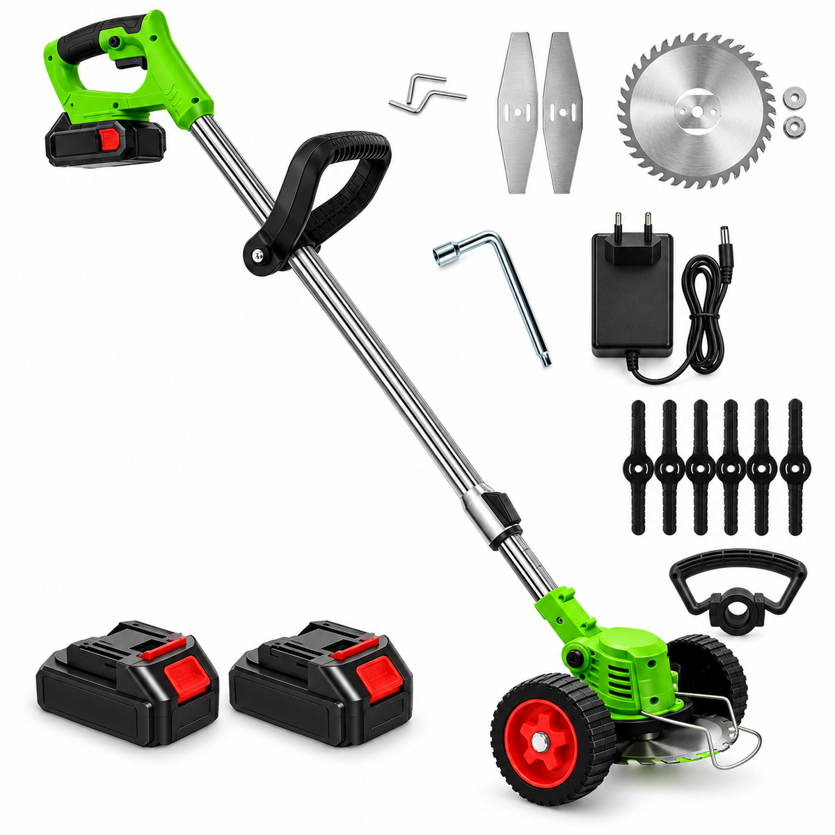 Motocoasă Electrică 48V cu 2 Acumulatori, Roți Detașabile, Tijă Telescopică și Accesorii