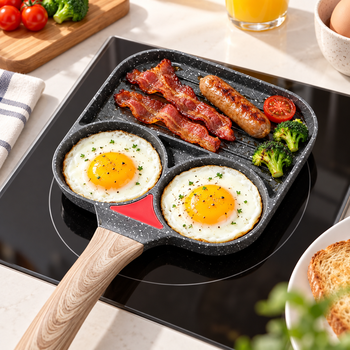 Tigaie Multifuncțională Antiaderentă cu 3 Zone – 2 Compartimente și Suprafață Grill