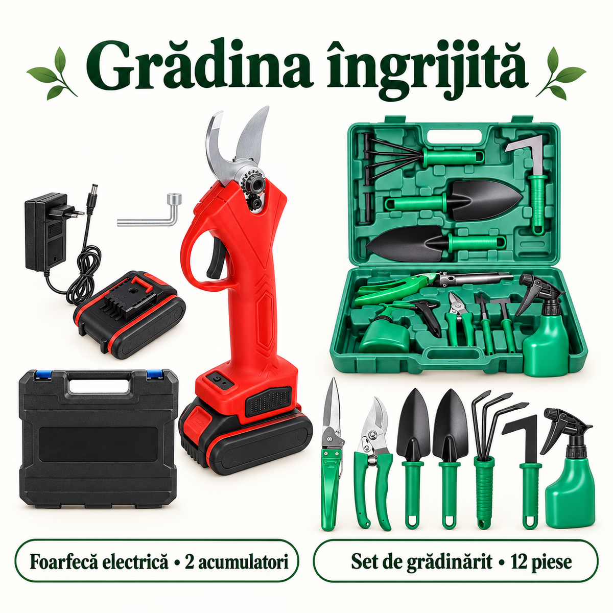Pachet Grădina Îngrijită – Foarfecă Electrică cu 2 Acumulatori + Set de Grădinărit 12 Piese cu Valiză
