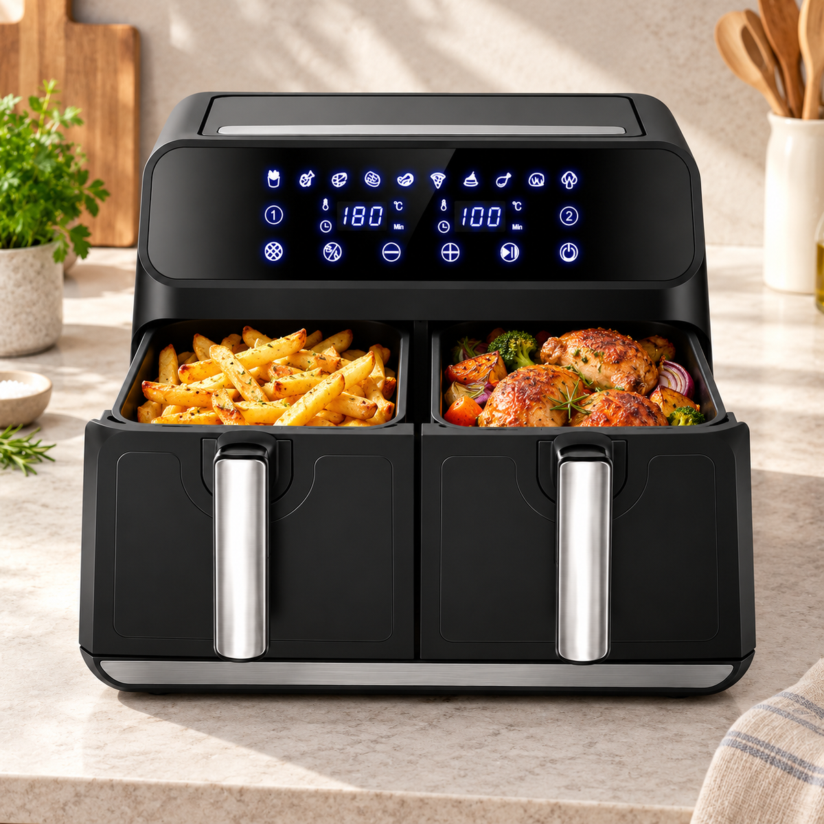 Friteuza cu aer cald dubla, 10L(5L+5L), tehnologie 3D Air Flow, Touch-Screen, gatit sanatos si crocant