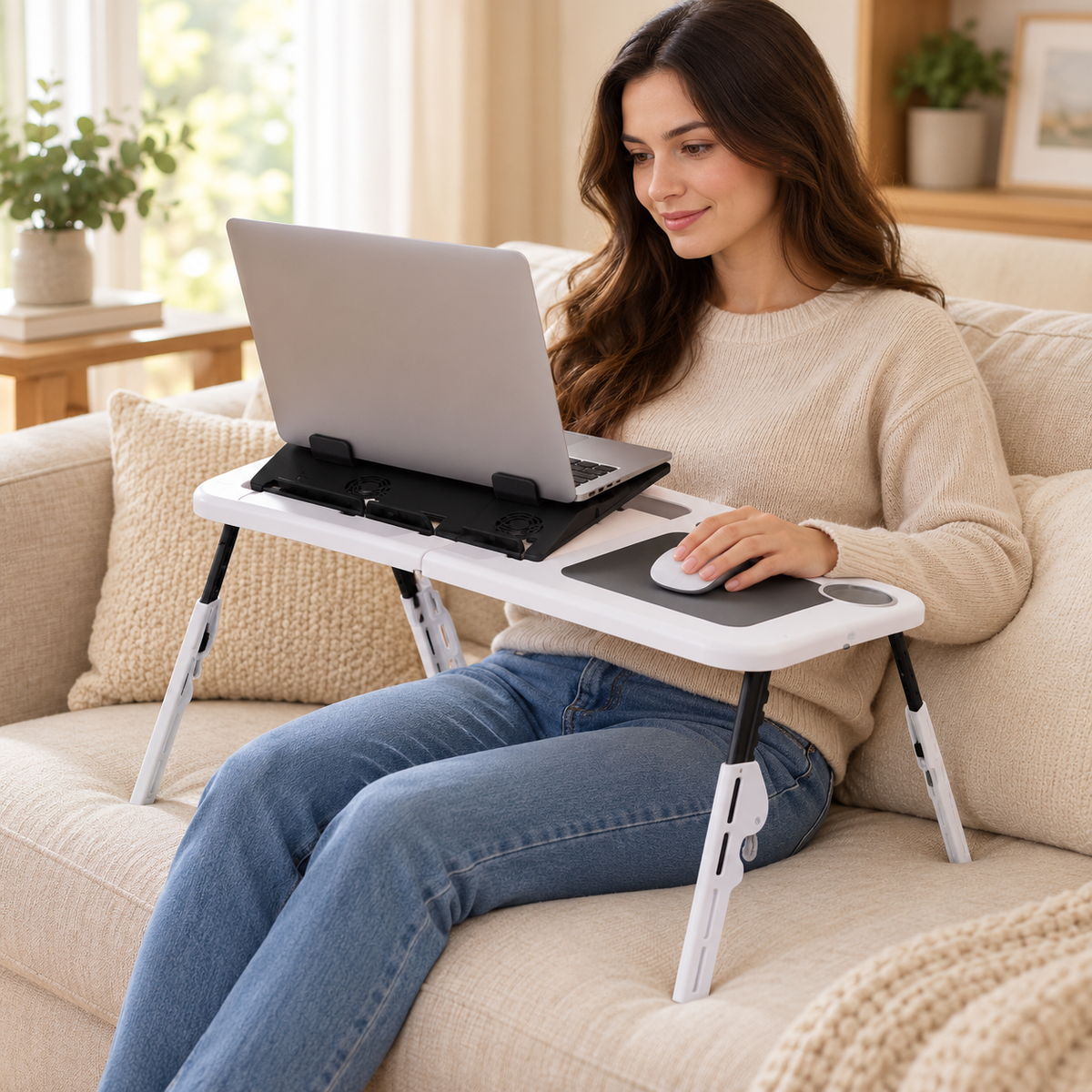 Masă pentru laptop cu 2 ventilatoare de răcire, suport pentru pahar și mouse pad, alb-negru