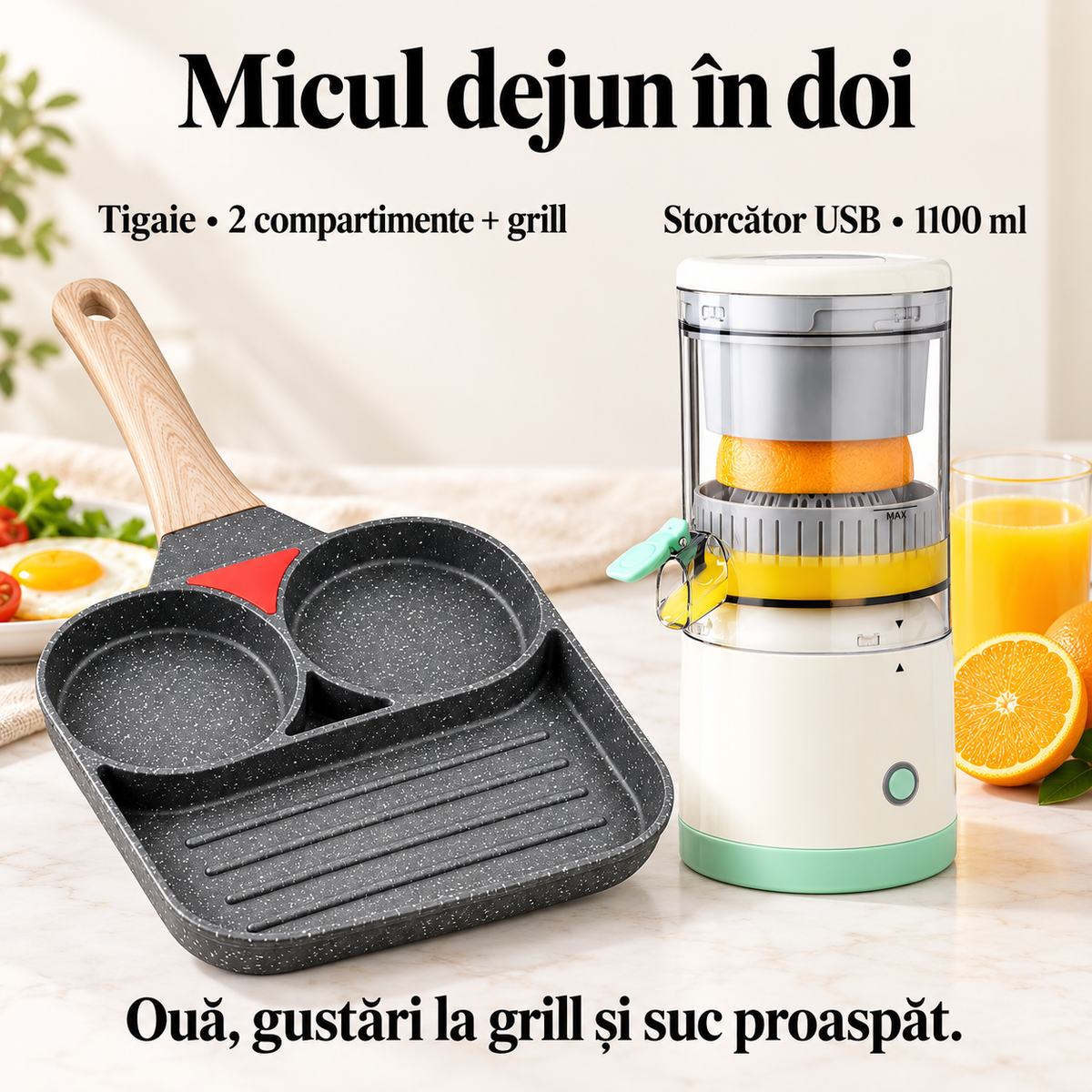 Pachet Micul Dejun în Doi – Tigaie Antiaderentă cu 2 Compartimente și Grill + Storcător Electric Portabil USB 1100 ml