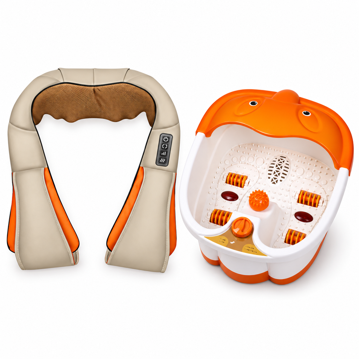 Pachet Relaxare Acasă – Aparat de Masaj Shiatsu 3D pentru Gât, Spate și Corp, cu Încălzire și 3 Intensități + Aparat de Hidromasaj pentru Picioare