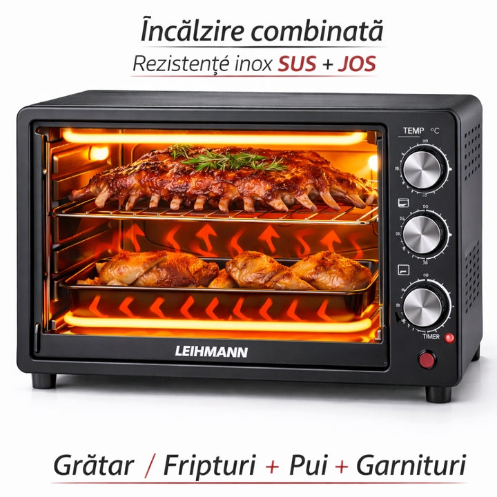 Cuptor Electric 25L, 1500W, Temperatură 250°C, 4 Rezistențe Inox, Timer 60 Min, Încălzire Sus/Jos
