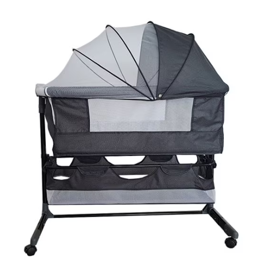 Patut Co-Sleeper Pliabil pentru Bebelusi, cu Saltea, Plasa Anti-Insecte si Roti cu Frana, Gri