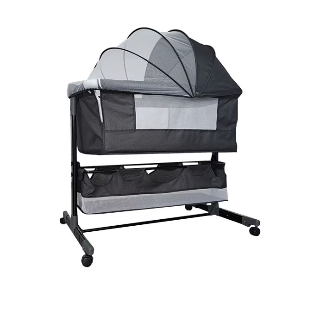 Patut Co-Sleeper Pliabil pentru Bebelusi, cu Saltea, Plasa Anti-Insecte si Roti cu Frana, Gri