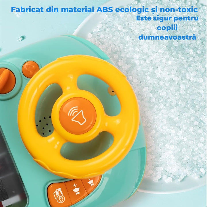 Joc Simulator de Condus pentru Copii  Volan Interactiv cu Sunete si Muzica, Efecte Realiste, Claxon si Lumina LED, Culoare Verde, 43x22x13 cm, Jucarie Educativa pentru Copii 3+ Ani, Simulare Condus Realista