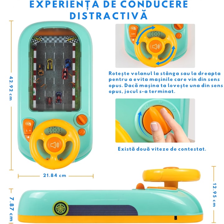 Joc Simulator de Condus pentru Copii  Volan Interactiv cu Sunete si Muzica, Efecte Realiste, Claxon si Lumina LED, Culoare Verde, 43x22x13 cm, Jucarie Educativa pentru Copii 3+ Ani, Simulare Condus Realista